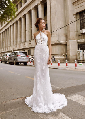 Halter Beaded Ivory Eyelash Lace Backless Wedding Dress